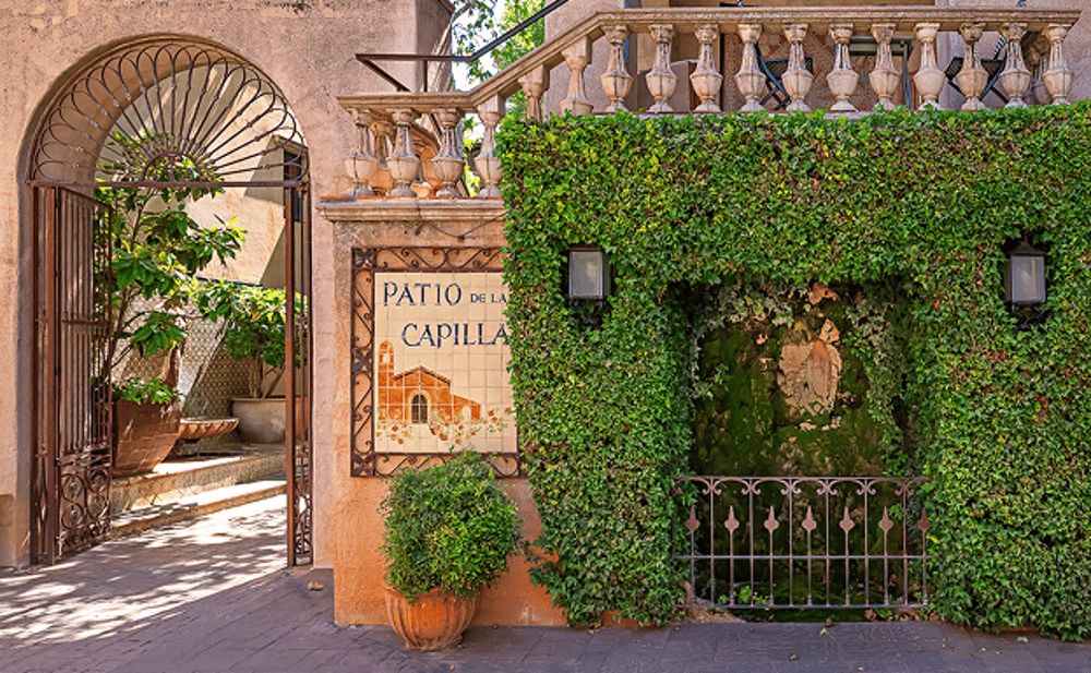 Patio de la Capilla archway covered in ivy
